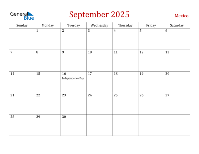 Mexico September 2025 Calendar with Holidays