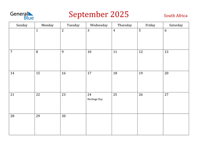 September 2025 Calendar with South Africa Holidays