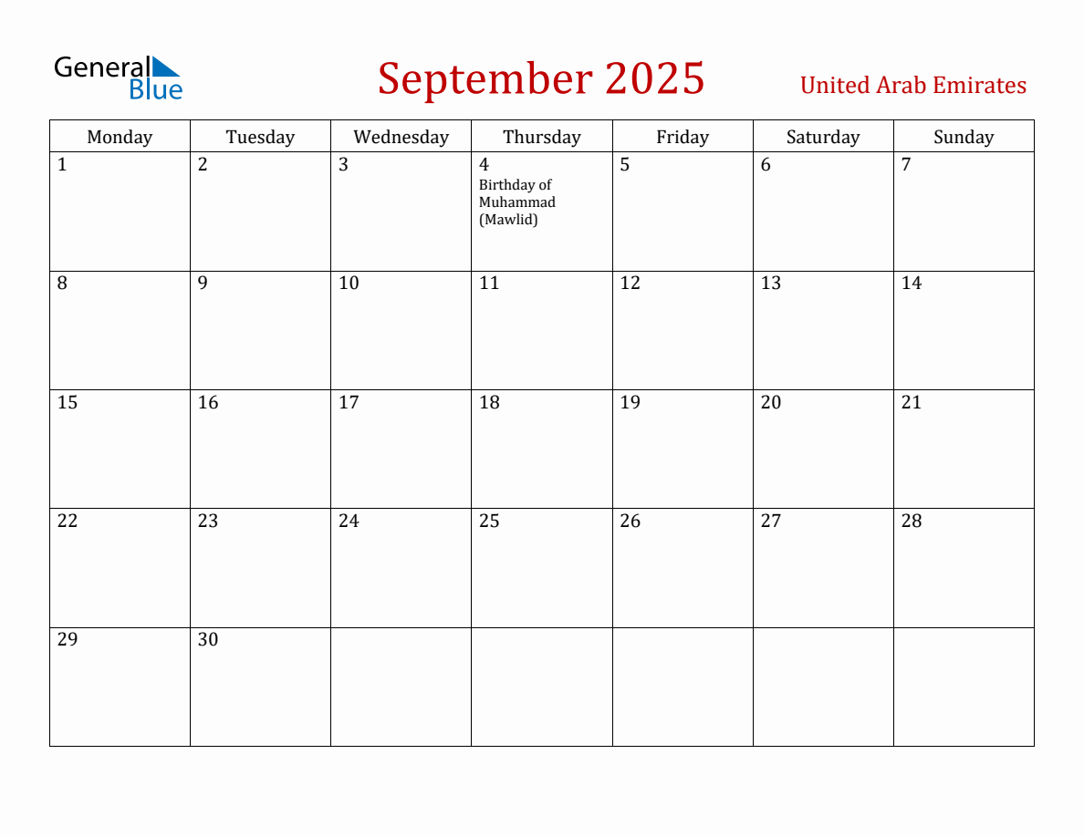 September 2025 United Arab Emirates Monthly Calendar with Holidays