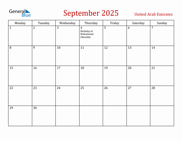 United Arab Emirates September 2025 Calendar - Monday Start