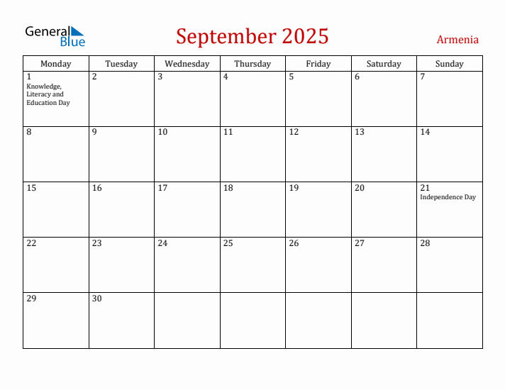 Armenia September 2025 Calendar - Monday Start