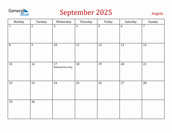 Angola September 2025 Calendar - Monday Start