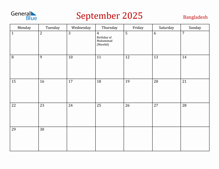 Bangladesh September 2025 Calendar - Monday Start
