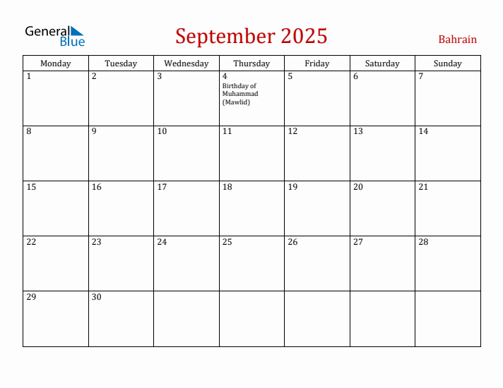 Bahrain September 2025 Calendar - Monday Start