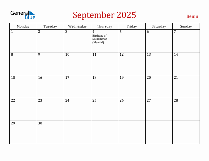 Benin September 2025 Calendar - Monday Start
