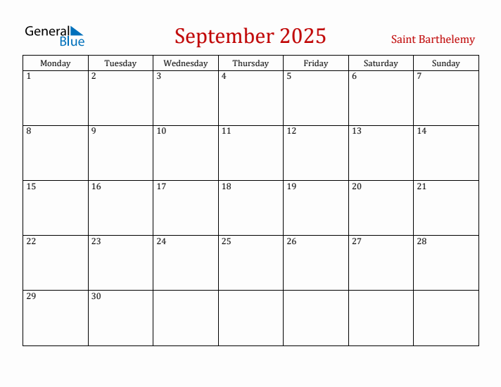 Saint Barthelemy September 2025 Calendar - Monday Start