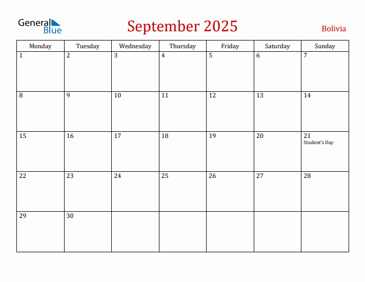 Bolivia September 2025 Calendar - Monday Start