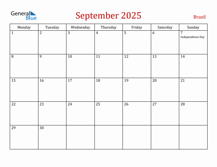 Brazil September 2025 Calendar - Monday Start