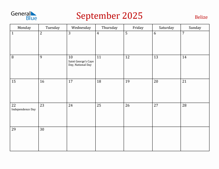 Belize September 2025 Calendar - Monday Start