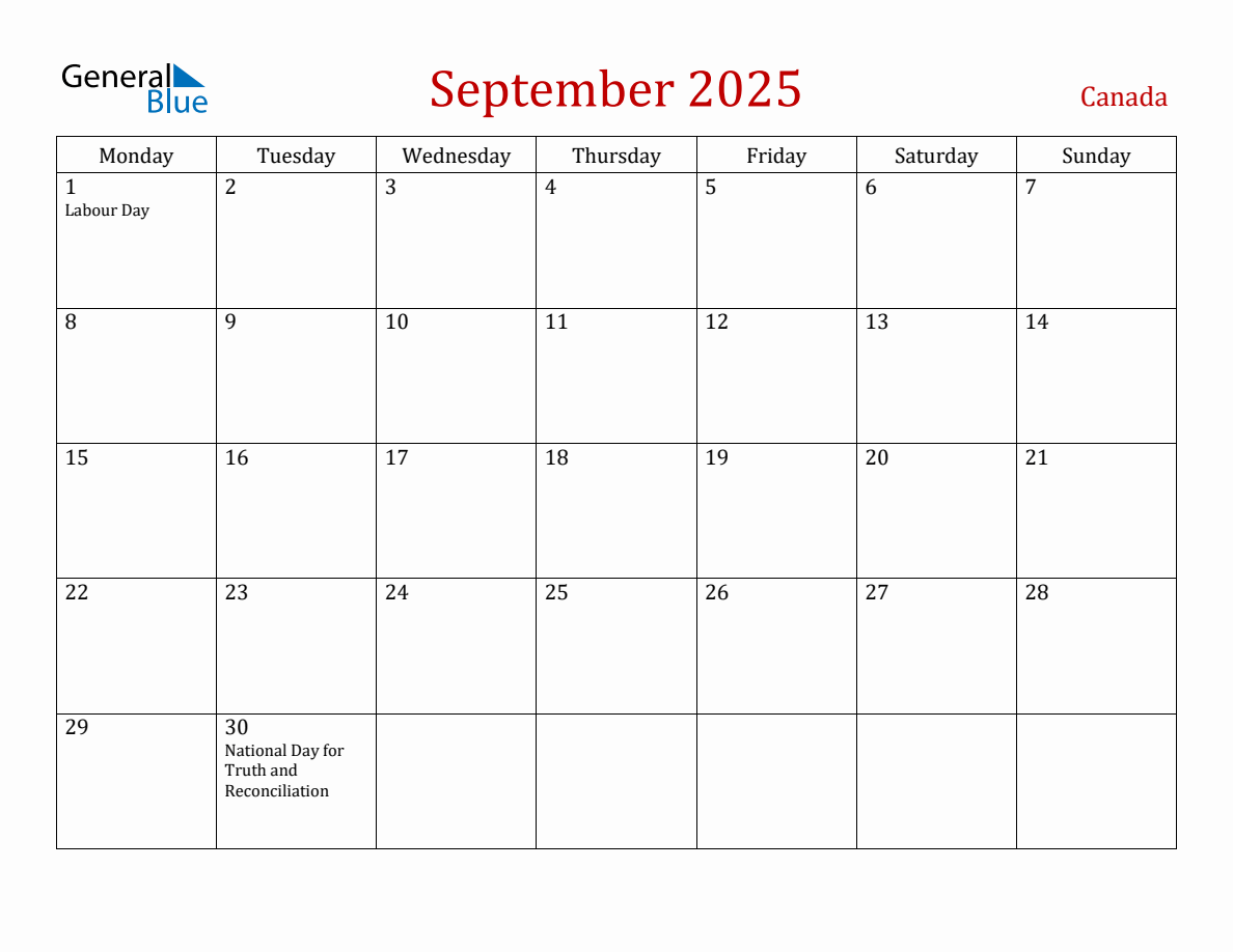 September 2025 Canada Monthly Calendar with Holidays