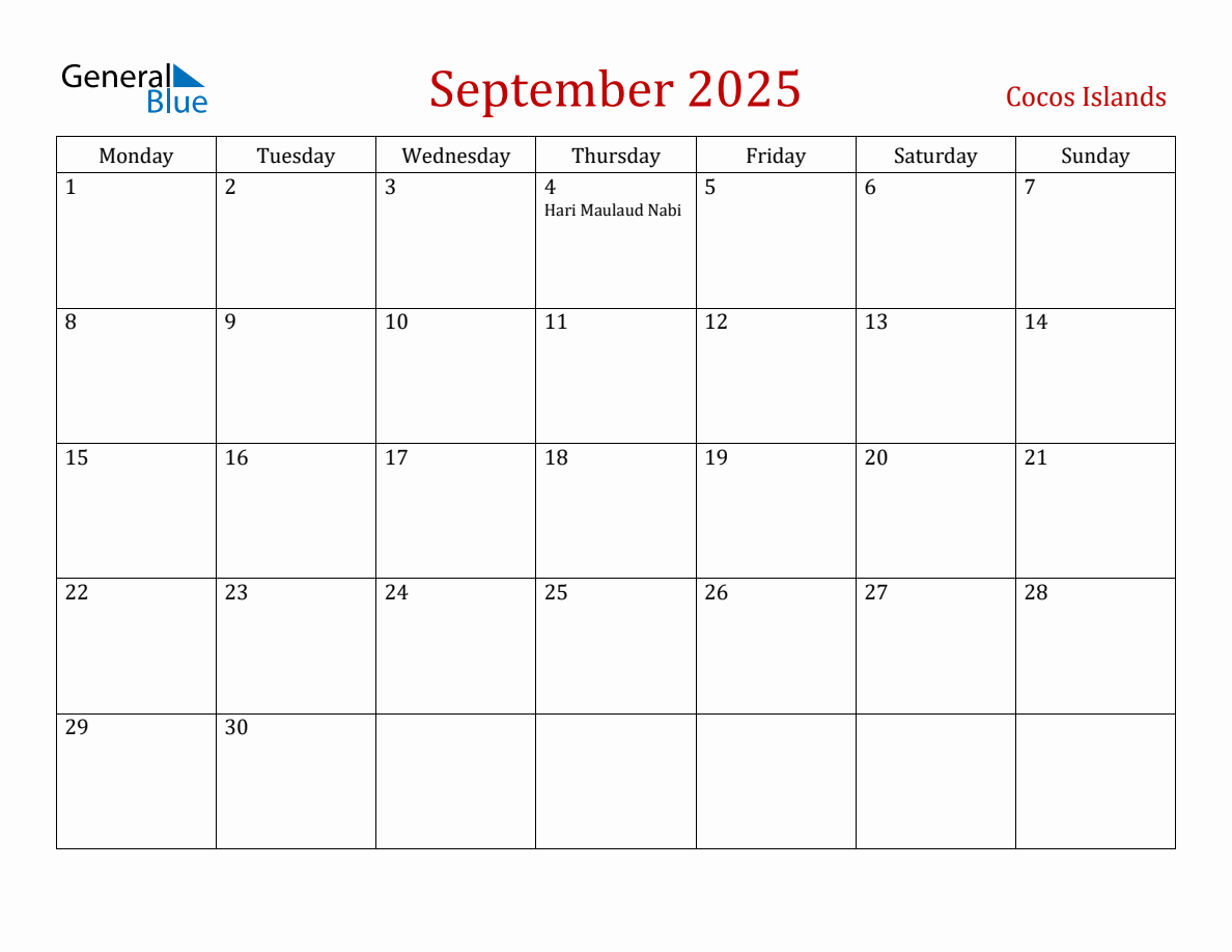 September 2025 Cocos Islands Monthly Calendar with Holidays