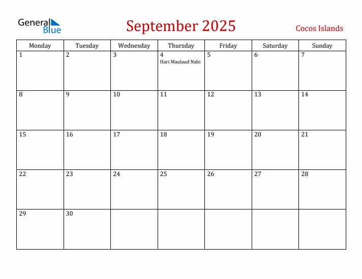 Cocos Islands September 2025 Calendar - Monday Start
