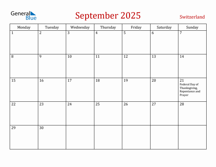 Switzerland September 2025 Calendar - Monday Start