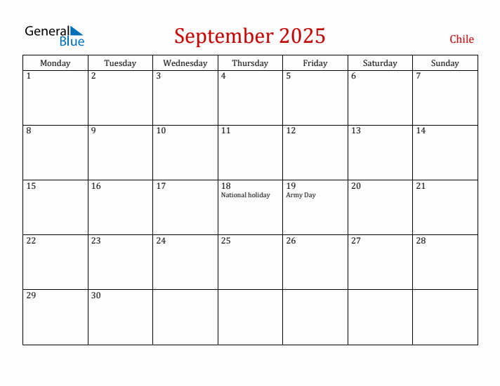 Chile September 2025 Calendar - Monday Start