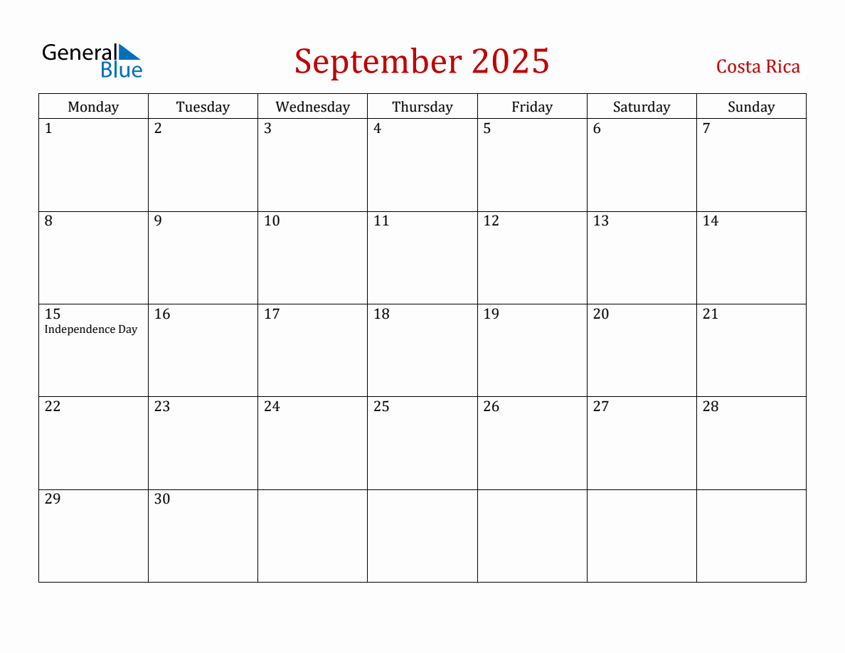 September 2025 Costa Rica Monthly Calendar with Holidays