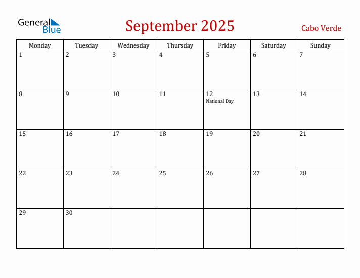 Cabo Verde September 2025 Calendar - Monday Start