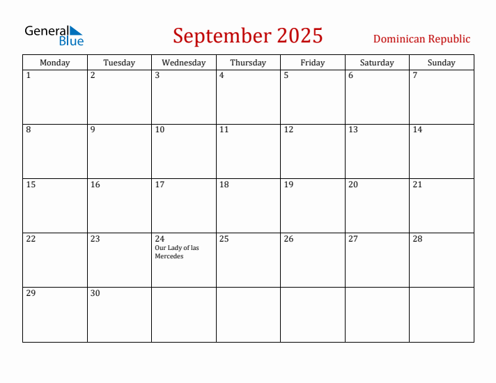 Dominican Republic September 2025 Calendar - Monday Start