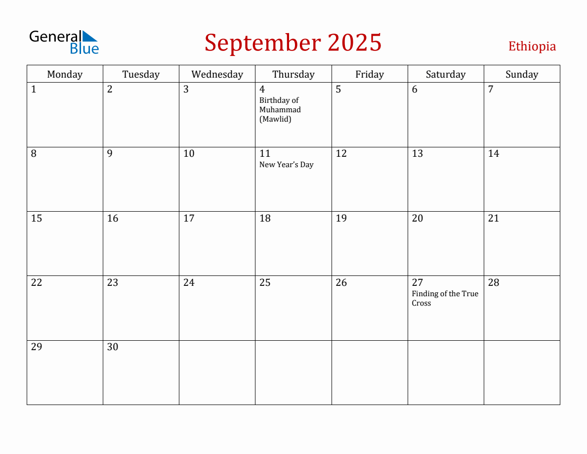 September 2025 Ethiopia Monthly Calendar with Holidays