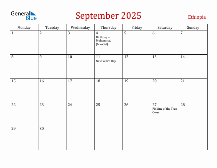 Ethiopia September 2025 Calendar - Monday Start