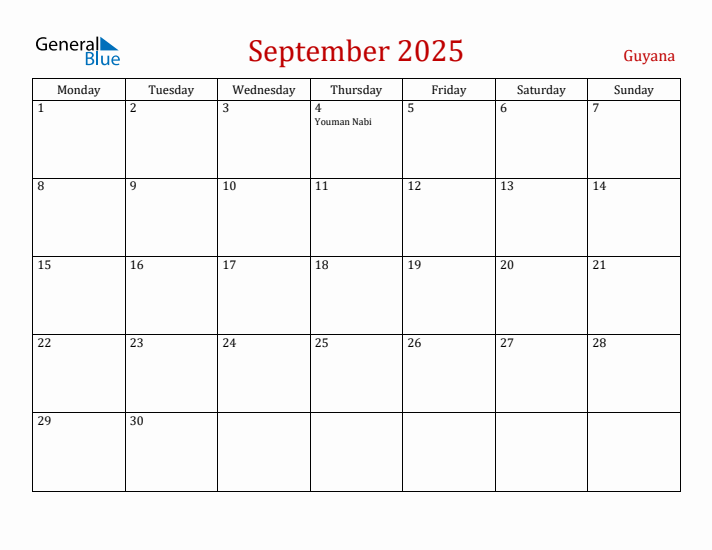 Guyana September 2025 Calendar - Monday Start