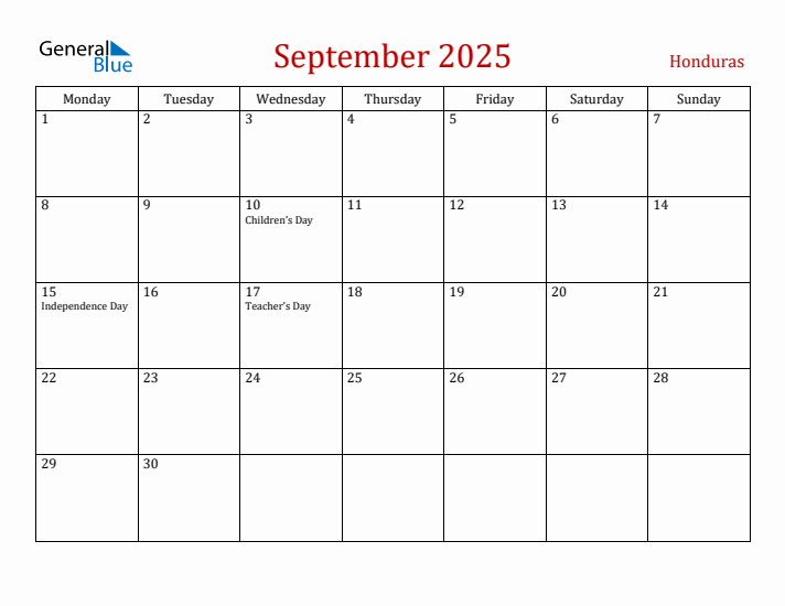 Honduras September 2025 Calendar - Monday Start