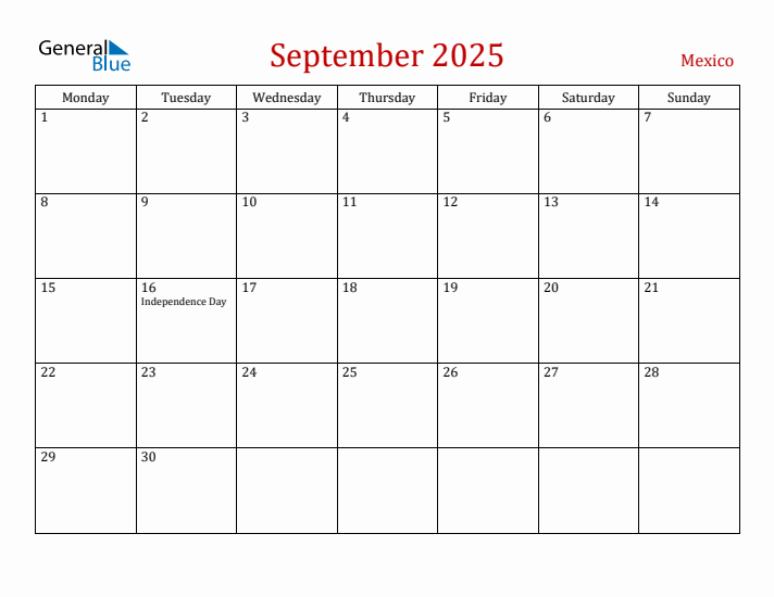 Mexico September 2025 Calendar - Monday Start