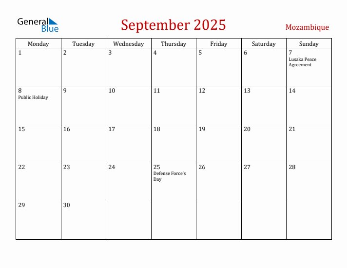 Mozambique September 2025 Calendar - Monday Start
