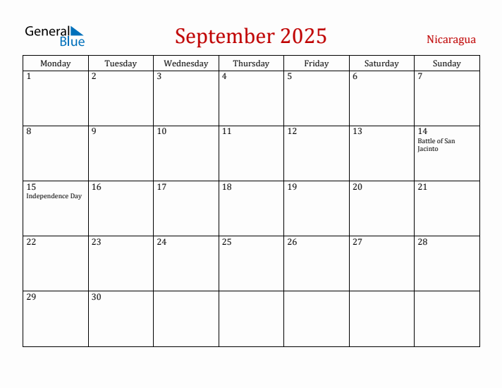 Nicaragua September 2025 Calendar - Monday Start