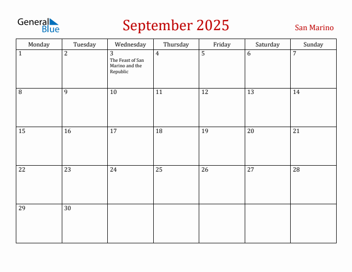 San Marino September 2025 Calendar - Monday Start