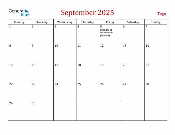 Togo September 2025 Calendar - Monday Start