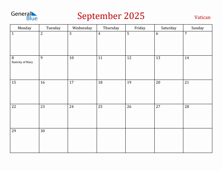 Vatican September 2025 Calendar - Monday Start
