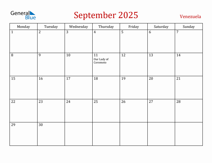 Venezuela September 2025 Calendar - Monday Start
