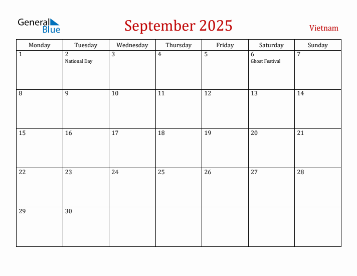 Vietnam September 2025 Calendar - Monday Start