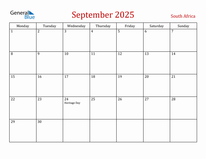 South Africa September 2025 Calendar - Monday Start