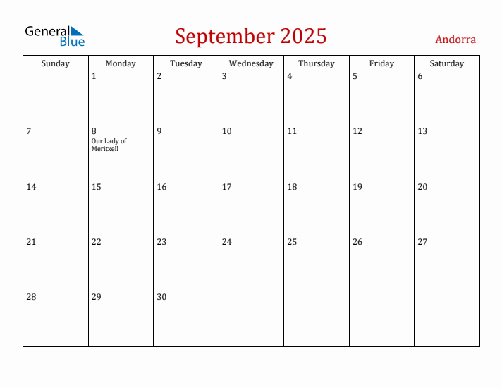 Andorra September 2025 Calendar - Sunday Start