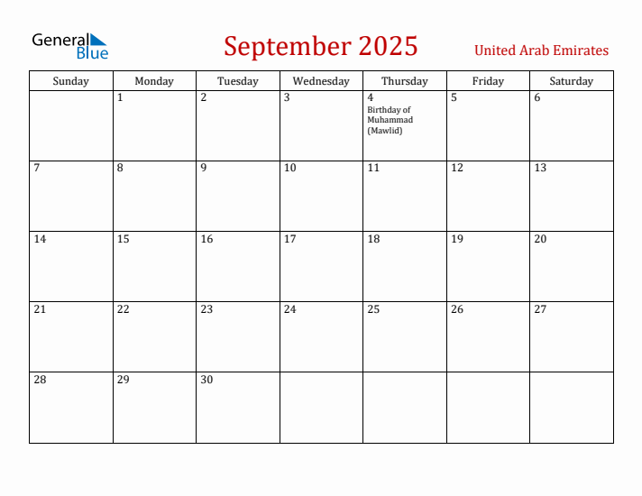 United Arab Emirates September 2025 Calendar - Sunday Start