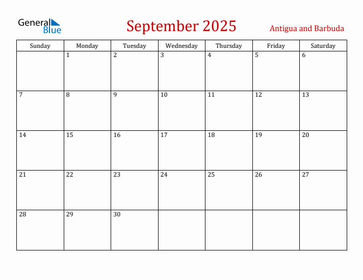 Antigua and Barbuda September 2025 Calendar - Sunday Start