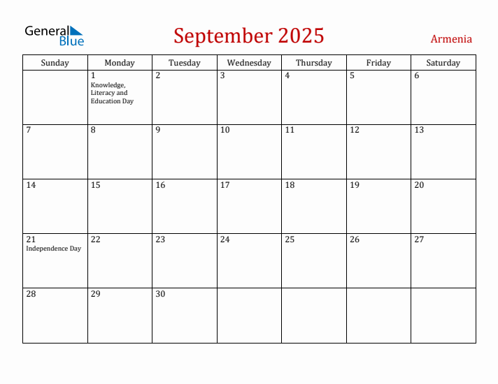 Armenia September 2025 Calendar - Sunday Start