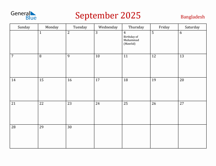 Bangladesh September 2025 Calendar - Sunday Start