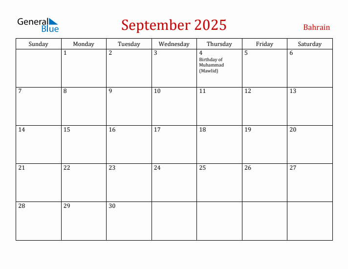 Bahrain September 2025 Calendar - Sunday Start