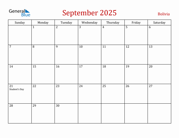 Bolivia September 2025 Calendar - Sunday Start