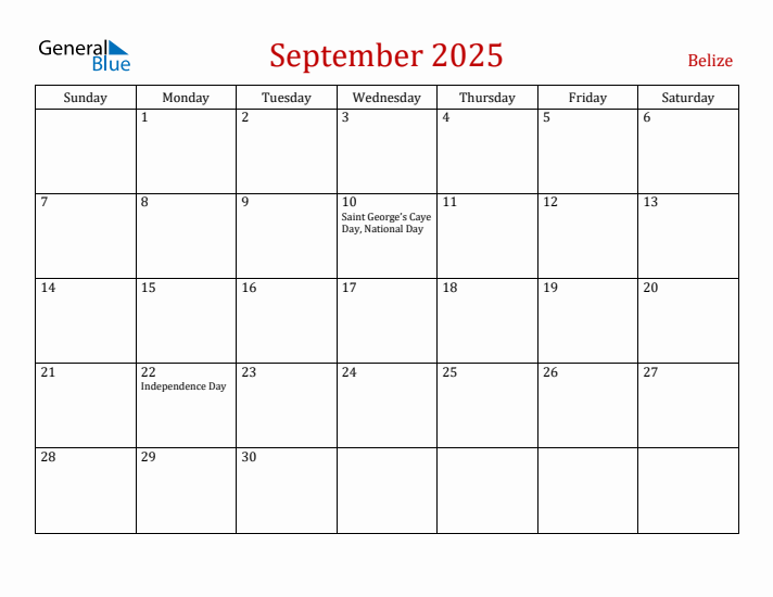 Belize September 2025 Calendar - Sunday Start
