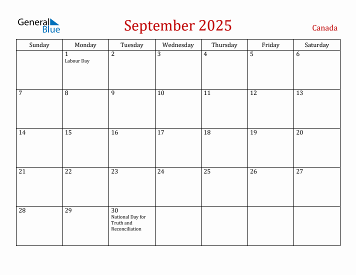 Canada September 2025 Calendar - Sunday Start
