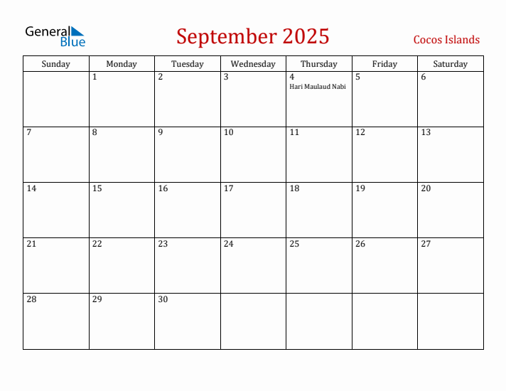 Cocos Islands September 2025 Calendar - Sunday Start