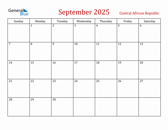 Central African Republic September 2025 Calendar - Sunday Start