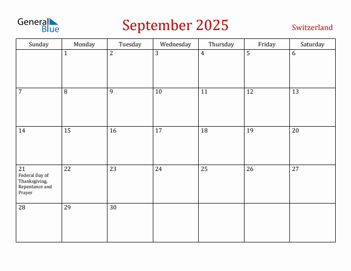 Switzerland September 2025 Calendar - Sunday Start