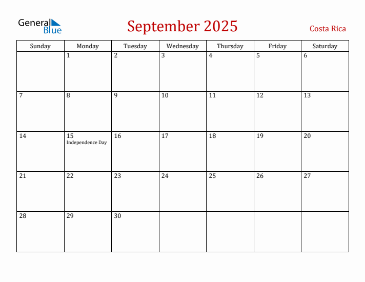 Costa Rica September 2025 Calendar - Sunday Start