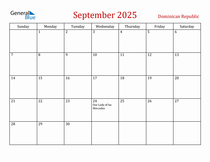 Dominican Republic September 2025 Calendar - Sunday Start