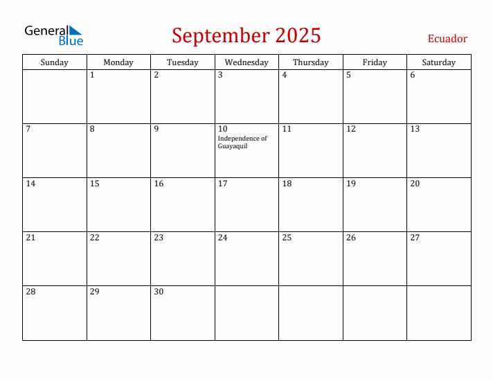 Ecuador September 2025 Calendar - Sunday Start