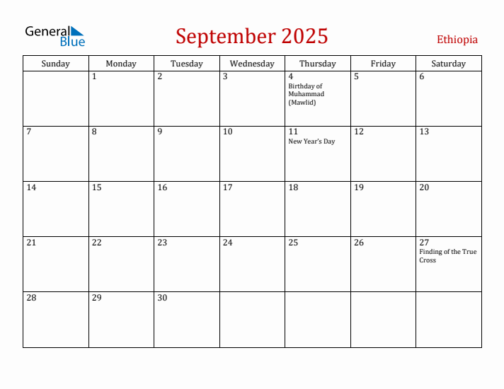 Ethiopia September 2025 Calendar - Sunday Start